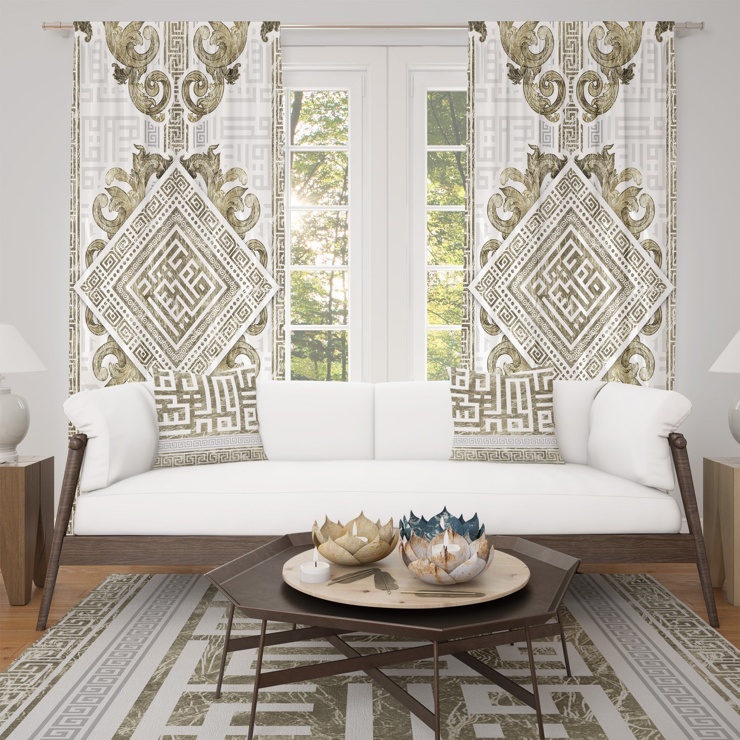 Cortinas SET 2 PIEZAS "Myconos" • 20% | 50% | 80 % de opacidad • diseño reversible minimalista de estilo griego
