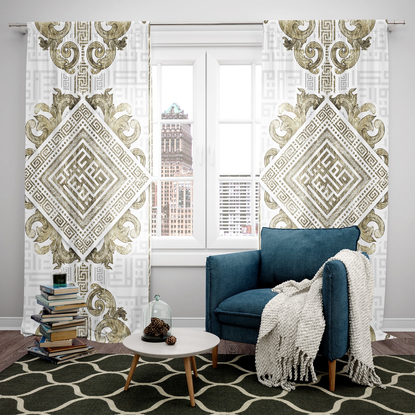 Cortinas SET 2 PIEZAS "Myconos" • 20% | 50% | 80 % de opacidad • diseño reversible minimalista de estilo griego