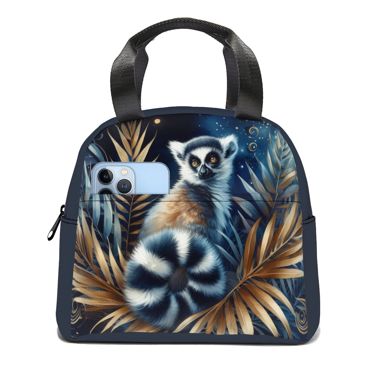 Tropical oil art lemur jungle design canvas insulated tote bag