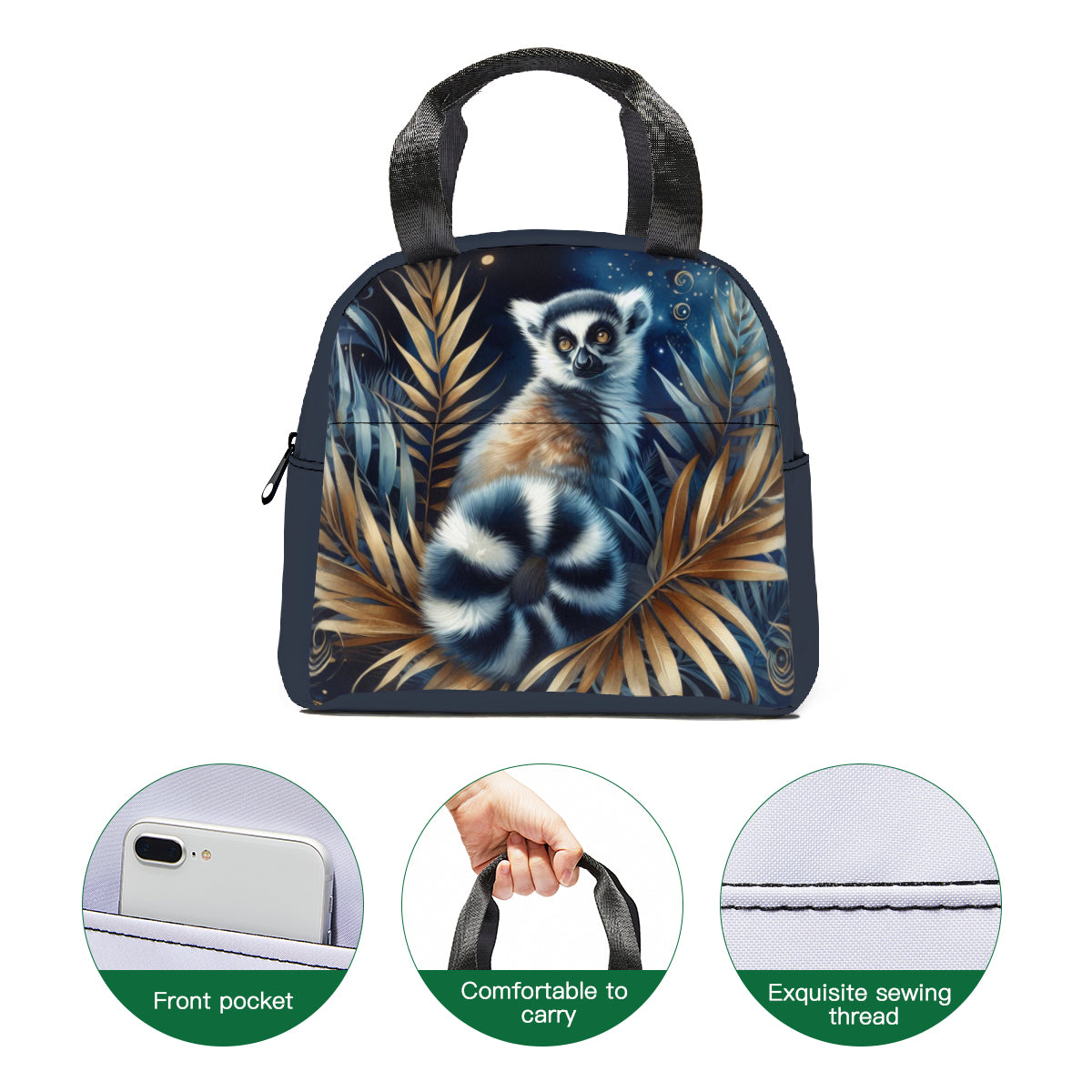 Tropical oil art lemur jungle design canvas insulated tote bag