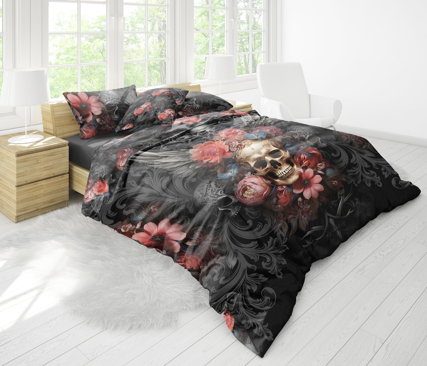 Juego de cama con diseño gótico de calavera romántica • Diseño impreso a 2 caras • Personalizado • Juego de funda nórdica con fundas de almohada • Full Queen King