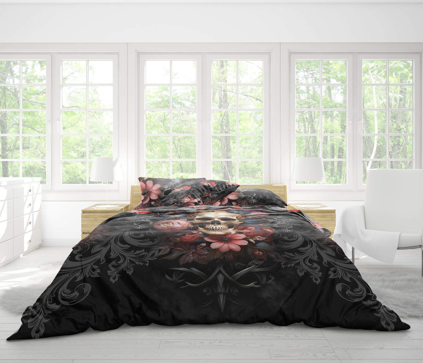 Juego de cama con diseño gótico de calavera romántica • Diseño impreso a 2 caras • Personalizado • Juego de funda nórdica con fundas de almohada • Full Queen King