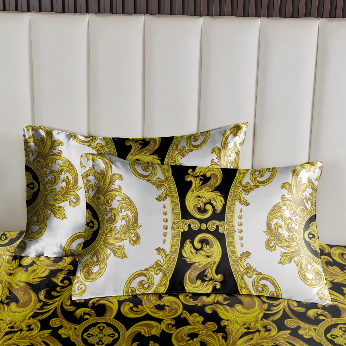 Silky Bedding set "Crete" Baroque Black Yellow White Personalised Romantic design • Reversible design