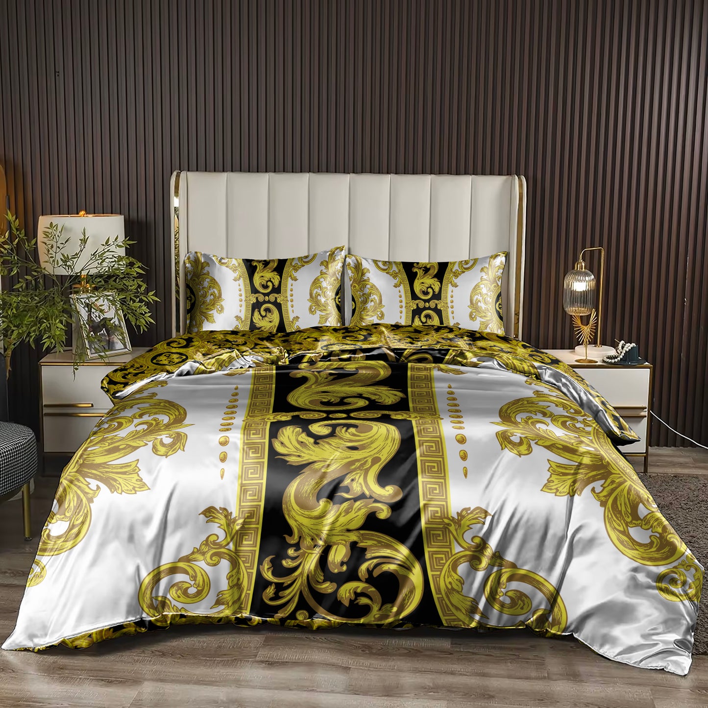 Silky Bedding set "Crete" Baroque Black Yellow White Personalised Romantic design • Reversible design