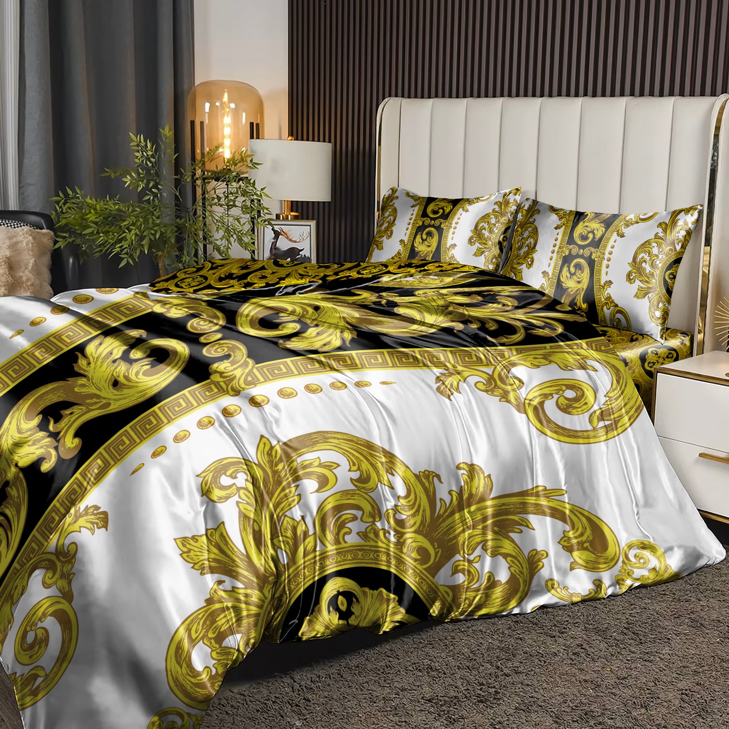 Silky Bedding set "Crete" Baroque Black Yellow White Personalised Romantic design • Reversible design