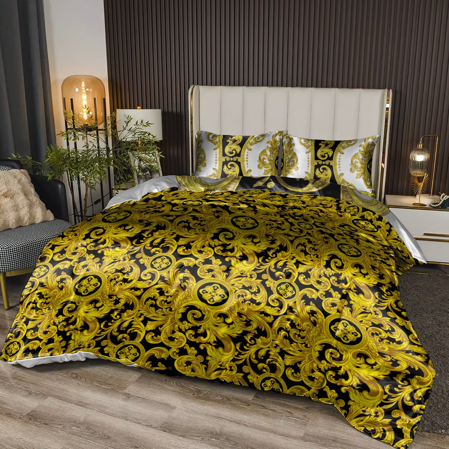 Silky Bedding set "Crete" Baroque Black Yellow White Personalised Romantic design • Reversible design