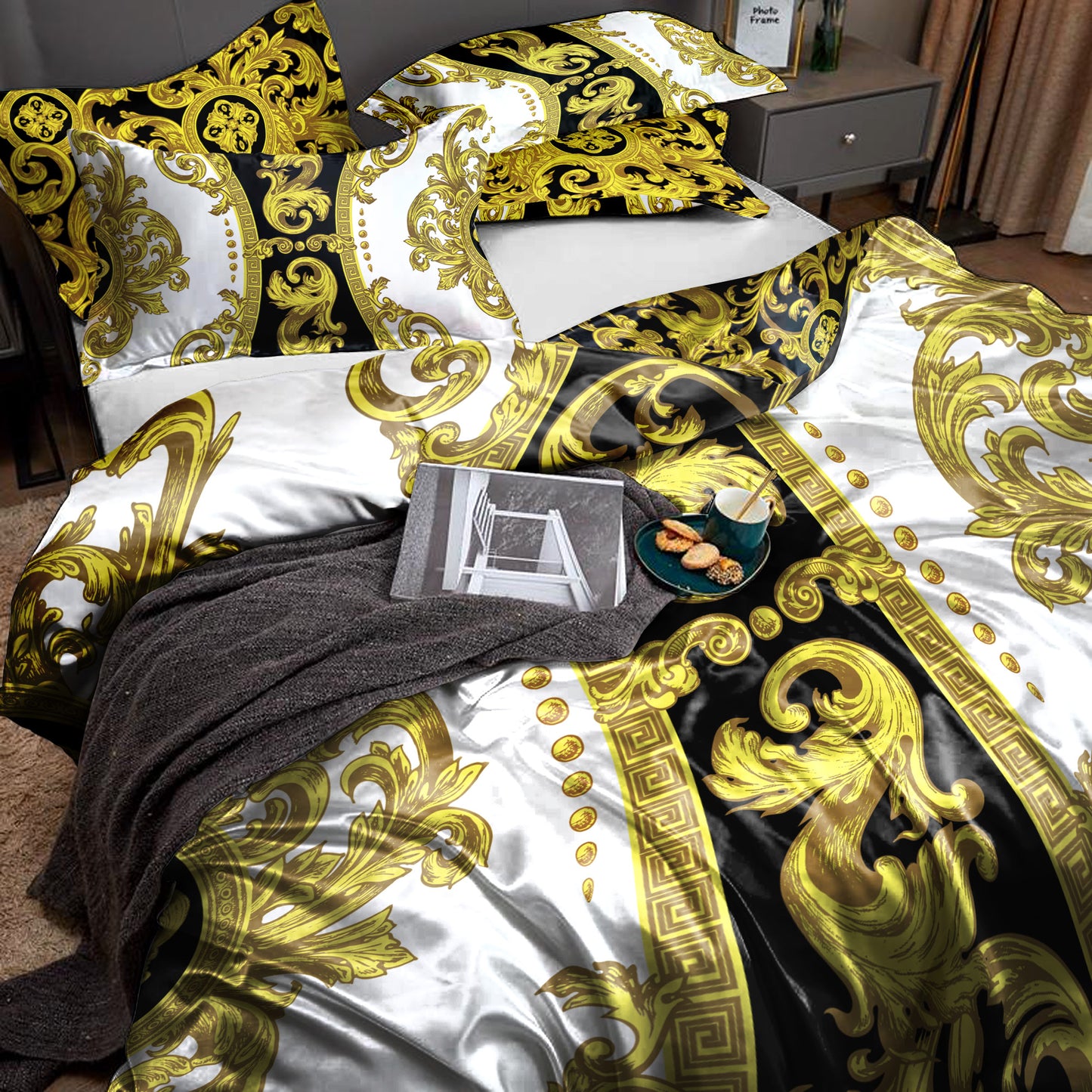 Silky Bedding set "Crete" Baroque Black Yellow White Personalised Romantic design • Reversible design