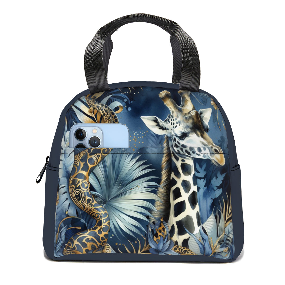 Bolsa de lona con aislamiento y diseño de jirafa y jungla con arte al óleo tropical