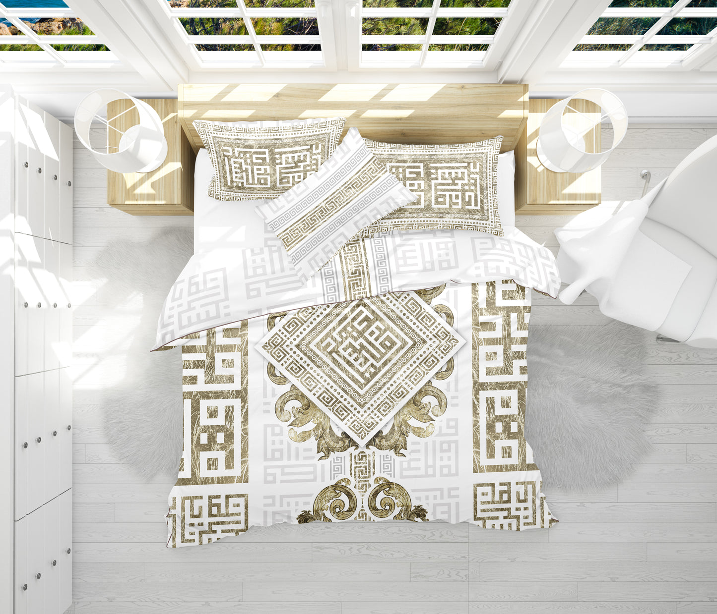 Juego de cama "Myconos"• Minimalismo estilo griego diseño blanco dorado • diseño reversible