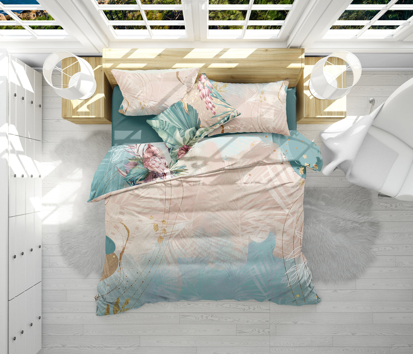 Juego de ropa de cama con pájaros tropicales • 100% algodón • Ropa de cama personalizada • Diseño reversible • Juego de funda nórdica QUILT • Full Queen King Todos los tamaños