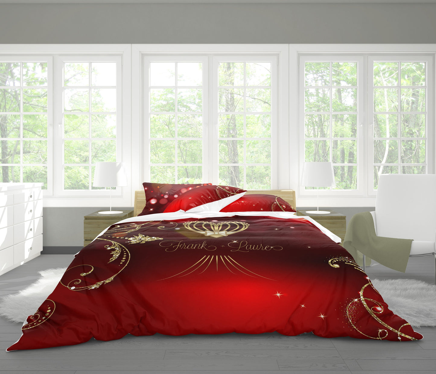 Red-Gold Personalised wedding gift Duvet Quilt Cover Bedding Set & Pillowcases from 100% cotton or polyester queen, king size