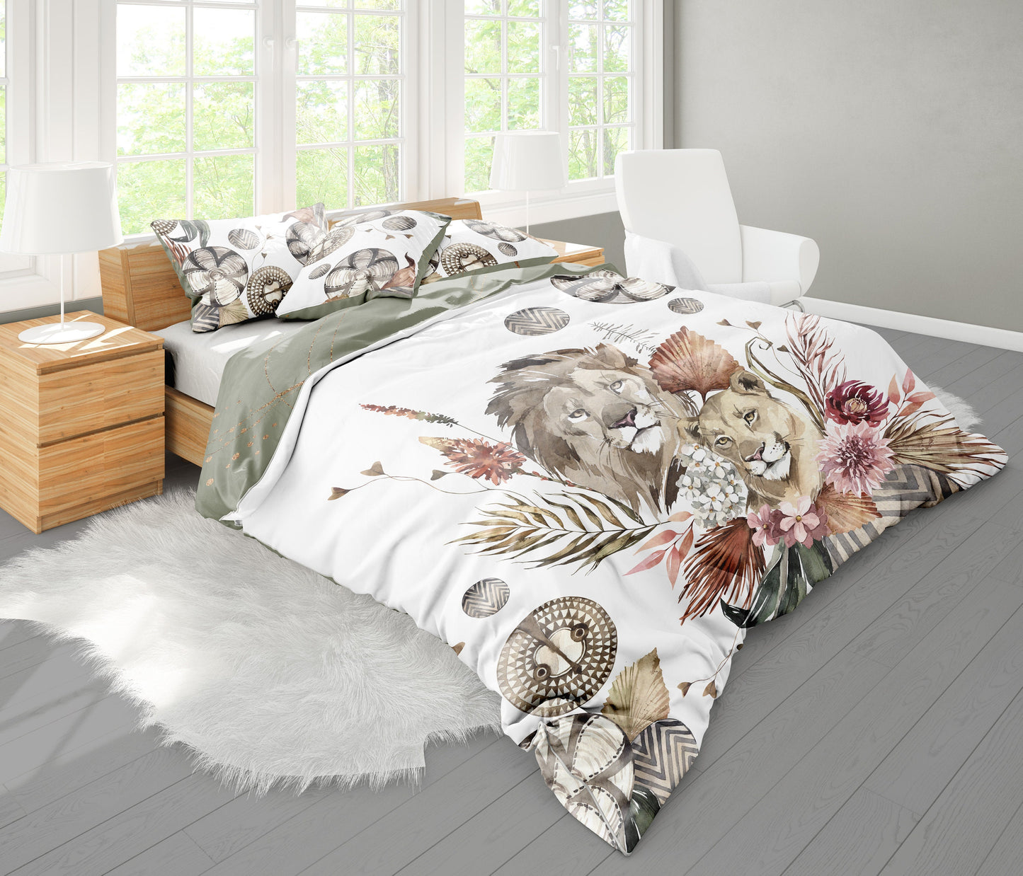 Romántico diseño estilo Safari con leones en acuarela Juego de ropa de cama • Diseño impreso a 2 caras • Tela de algodón o microfibra • AU, UE, EE. UU.