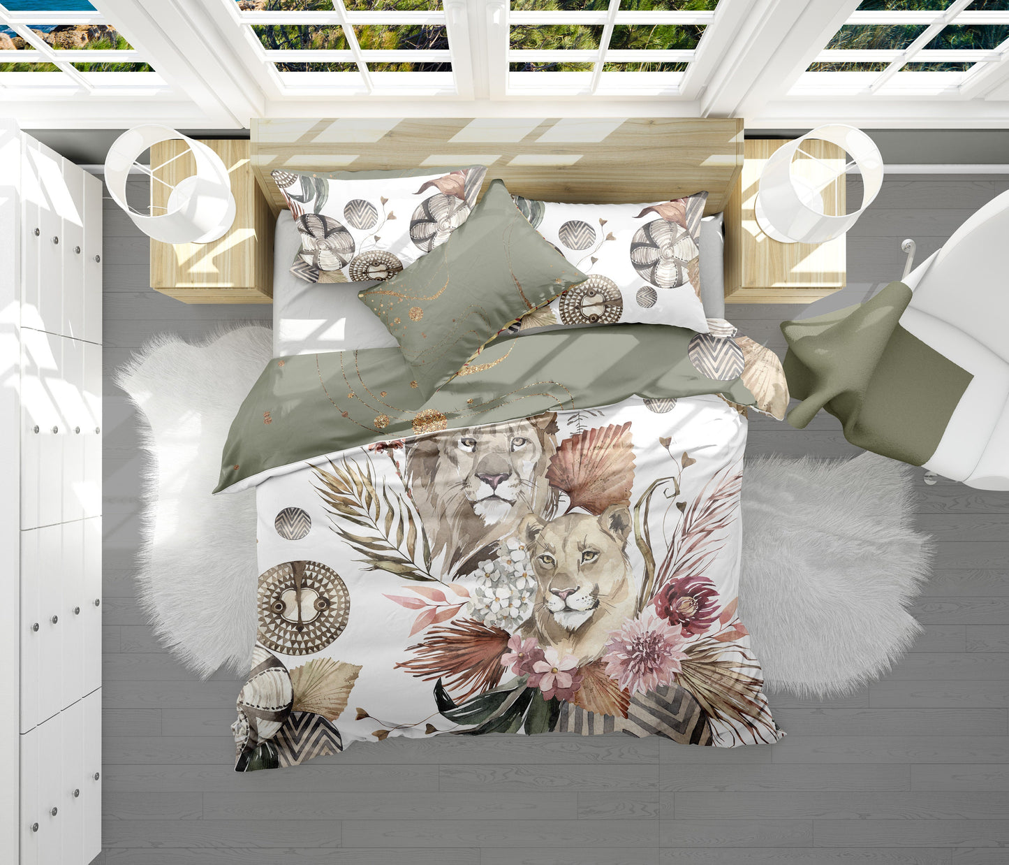 Romántico diseño estilo Safari con leones en acuarela Juego de ropa de cama • Diseño impreso a 2 caras • Tela de algodón o microfibra • AU, UE, EE. UU.