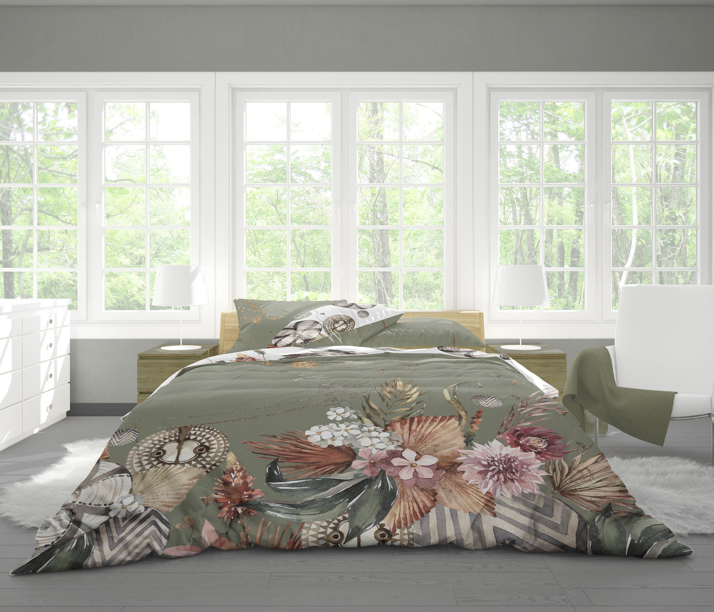 Romántico diseño estilo Safari con leones en acuarela Juego de ropa de cama • Diseño impreso a 2 caras • Tela de algodón o microfibra • AU, UE, EE. UU.
