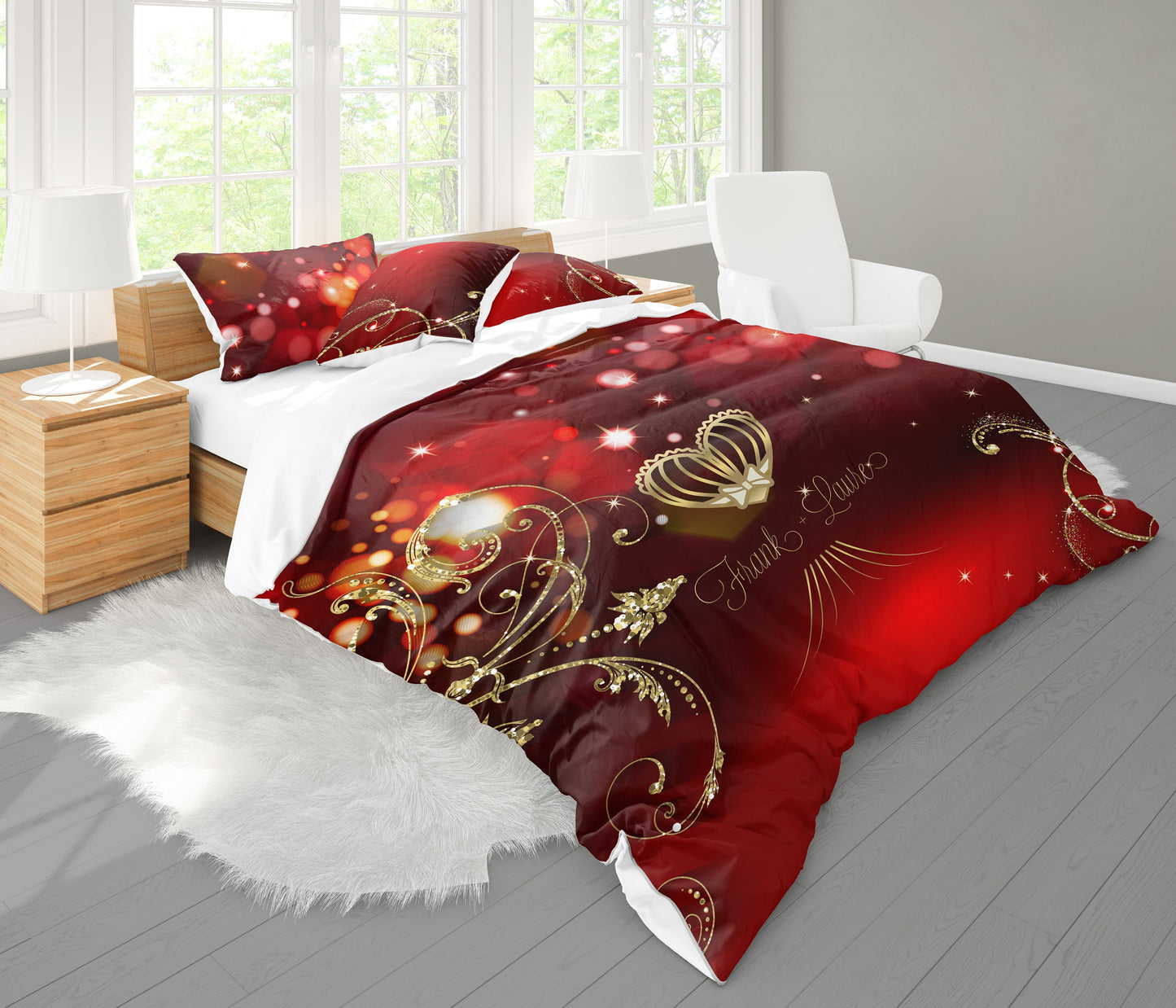 Red-Gold Personalised wedding gift Duvet Quilt Cover Bedding Set & Pillowcases from 100% cotton or polyester queen, king size
