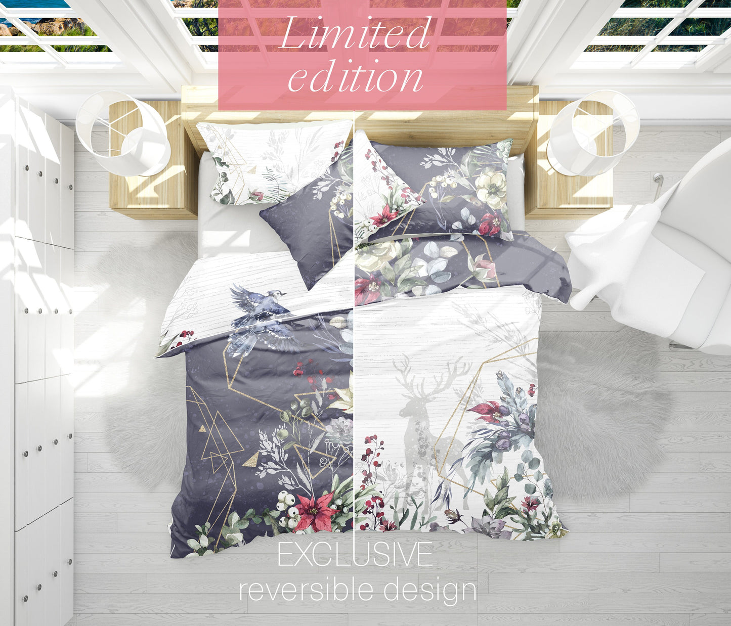 Juego de cama con diseño floral exclusivo • Diseño en ambos lados • Reina, Rey de EE. UU. • algodón • microfibra