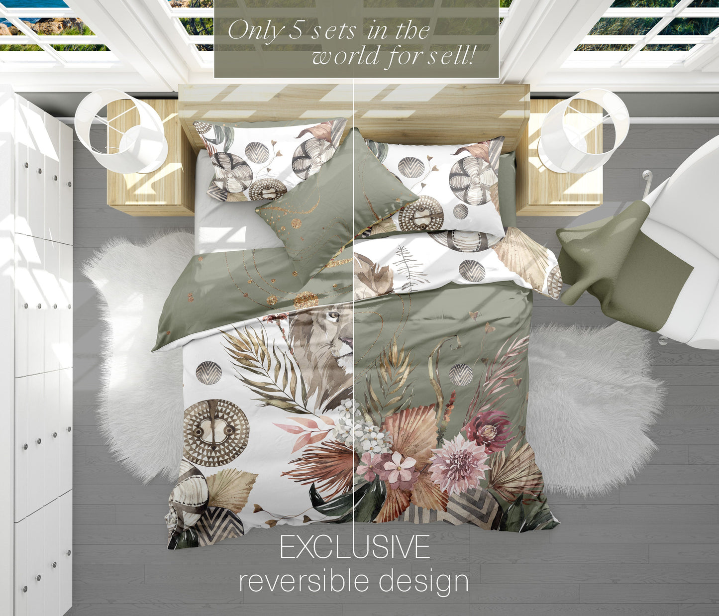Romántico diseño estilo Safari con leones en acuarela Juego de ropa de cama • Diseño impreso a 2 caras • Tela de algodón o microfibra • AU, UE, EE. UU.