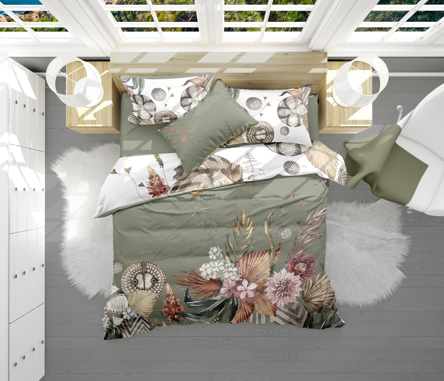 Romántico diseño estilo Safari con leones en acuarela Juego de ropa de cama • Diseño impreso a 2 caras • Tela de algodón o microfibra • AU, UE, EE. UU.
