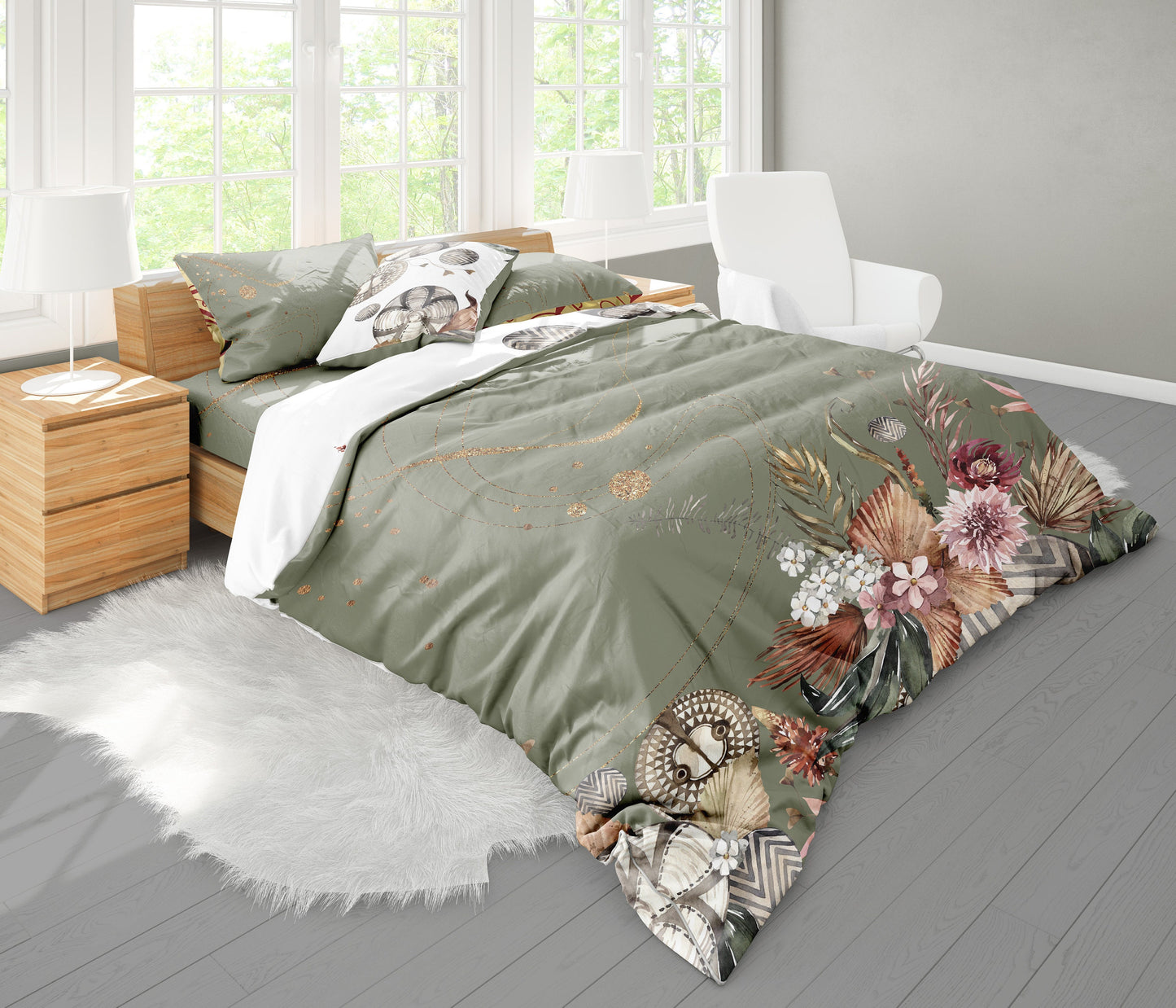Romántico diseño estilo Safari con leones en acuarela Juego de ropa de cama • Diseño impreso a 2 caras • Tela de algodón o microfibra • AU, UE, EE. UU.
