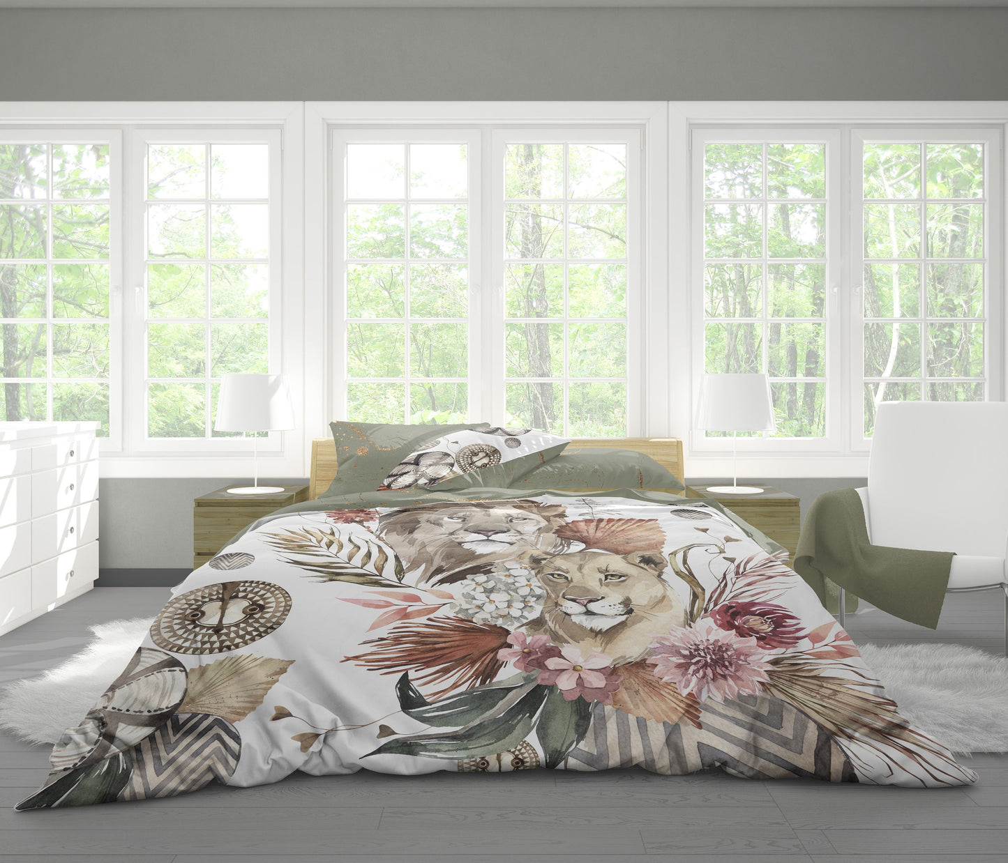 Romántico diseño estilo Safari con leones en acuarela Juego de ropa de cama • Diseño impreso a 2 caras • Tela de algodón o microfibra • AU, UE, EE. UU.