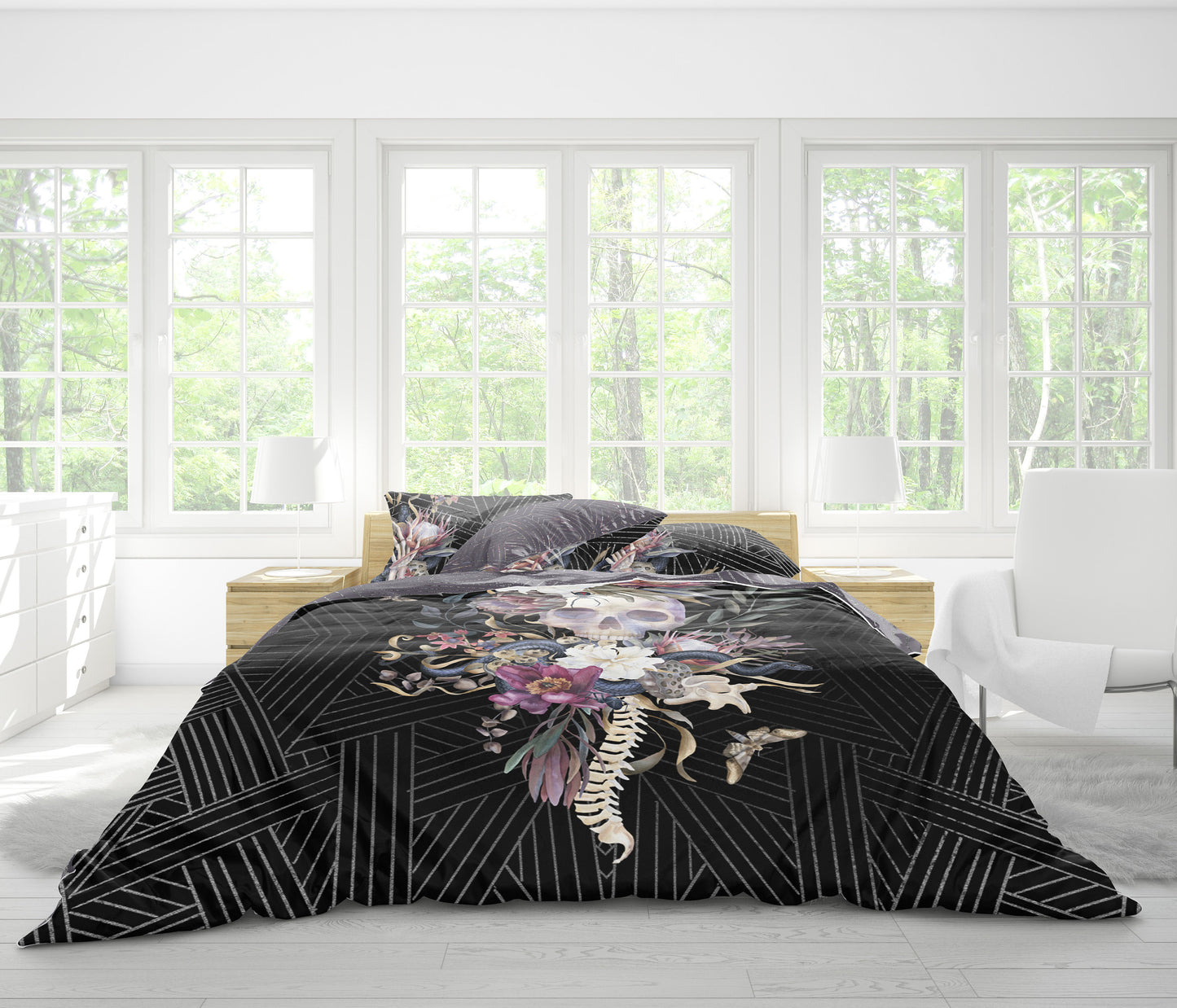 Romantic Skull Gothic design Bedding Set • Personalised • Reversible design • Duvet Cover Set With Pillowcases • Full Queen King