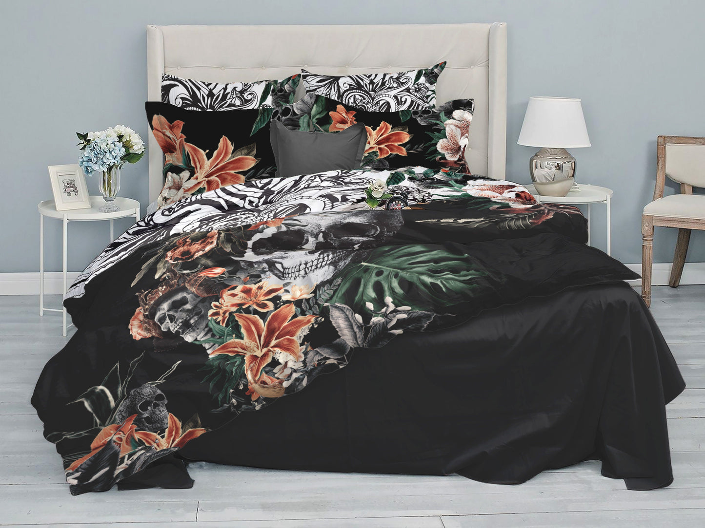 Juego de cama con diseño gótico de calavera romántica • Diseño impreso a 2 caras • Personalizado • Juego de funda nórdica con fundas de almohada • Full Queen King