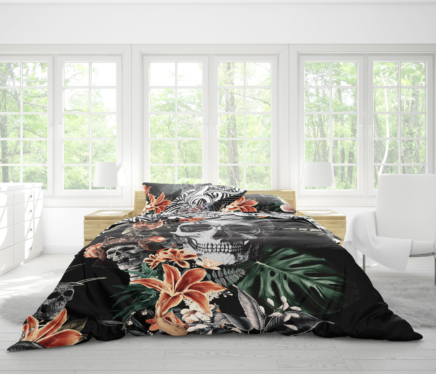 Juego de cama con diseño gótico de calavera romántica • Diseño impreso a 2 caras • Personalizado • Juego de funda nórdica con fundas de almohada • Full Queen King