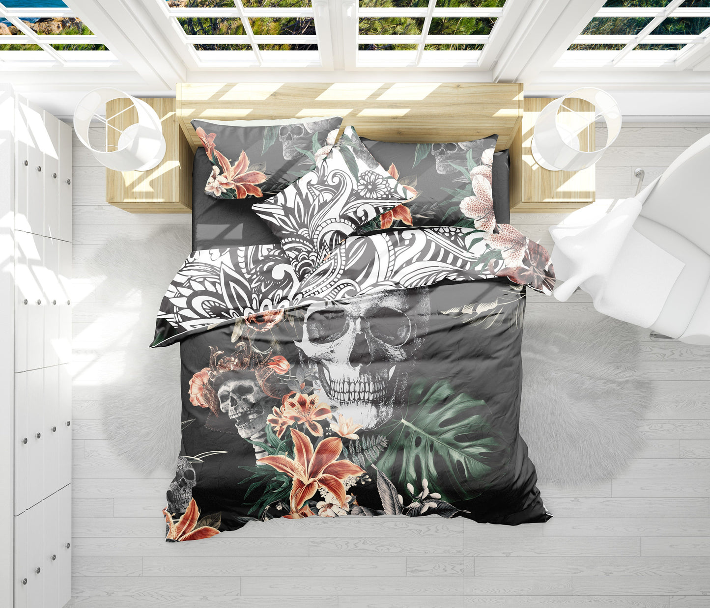 Juego de cama con diseño gótico de calavera romántica • Diseño impreso a 2 caras • Personalizado • Juego de funda nórdica con fundas de almohada • Full Queen King