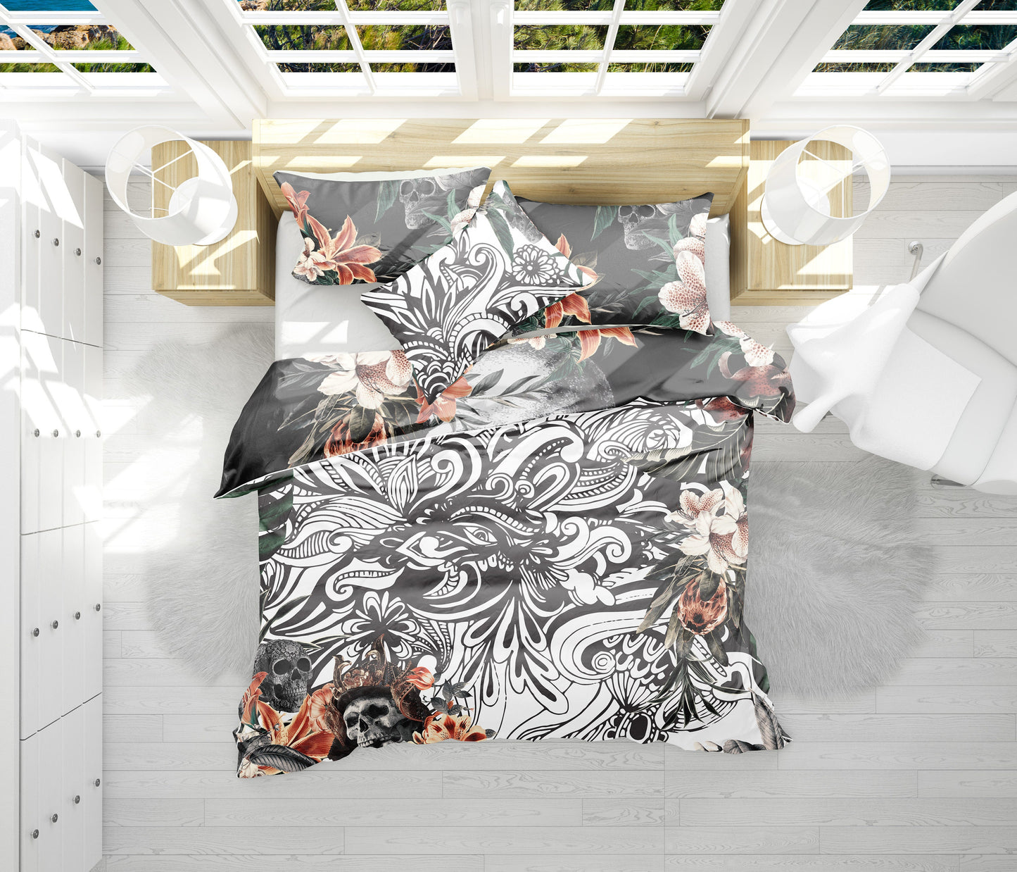 Juego de cama con diseño gótico de calavera romántica • Diseño impreso a 2 caras • Personalizado • Juego de funda nórdica con fundas de almohada • Full Queen King