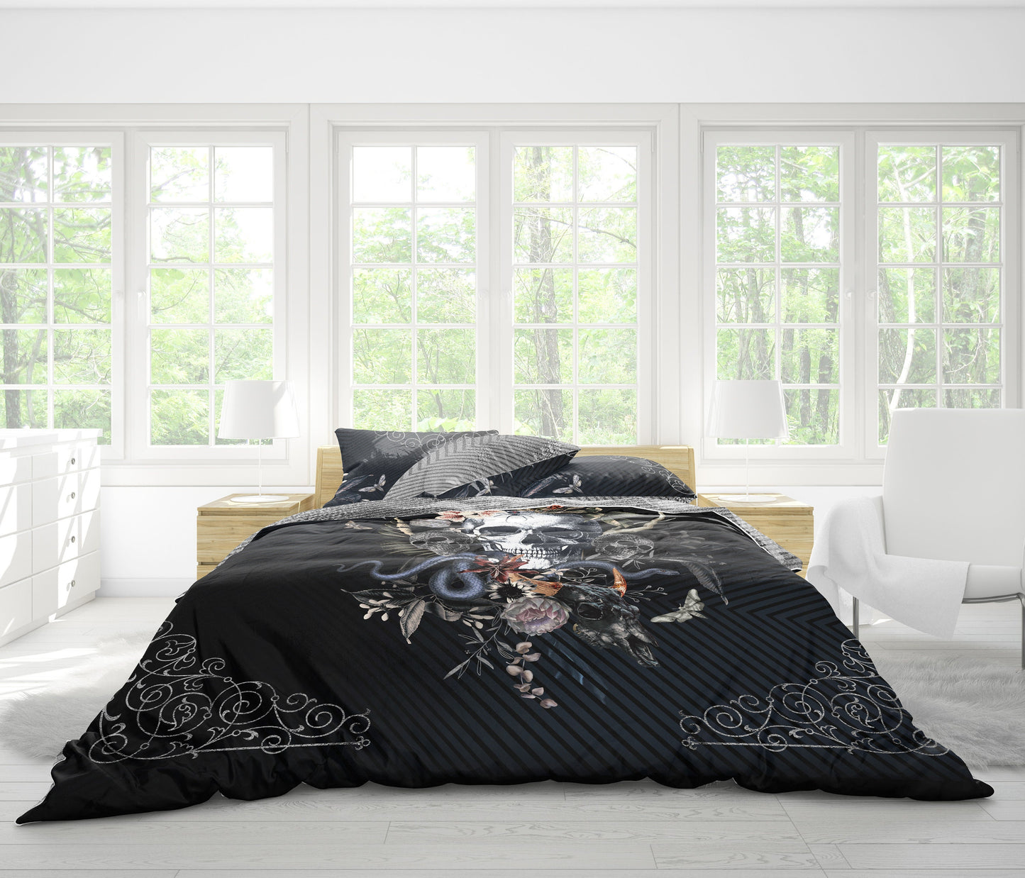 Juego de cama de 3 pzs con diseño gótico de calavera • Ropa de cama personalizada • Diseño impreso a 2 caras • Juego de funda nórdica con fundas de almohada • Full Queen King