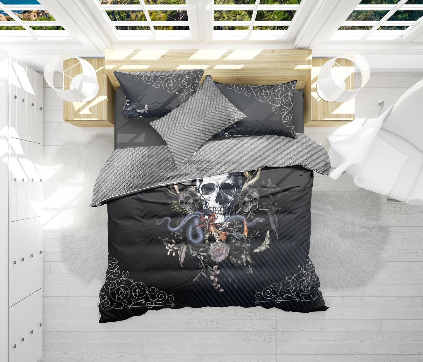 Juego de cama de 3 pzs con diseño gótico de calavera • Ropa de cama personalizada • Diseño impreso a 2 caras • Juego de funda nórdica con fundas de almohada • Full Queen King