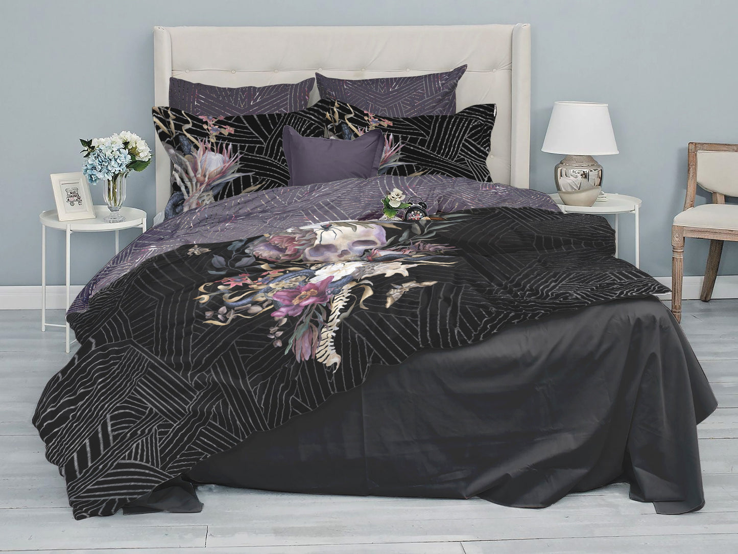 Romantic Skull Gothic design Bedding Set • Personalised • Reversible design • Duvet Cover Set With Pillowcases • Full Queen King