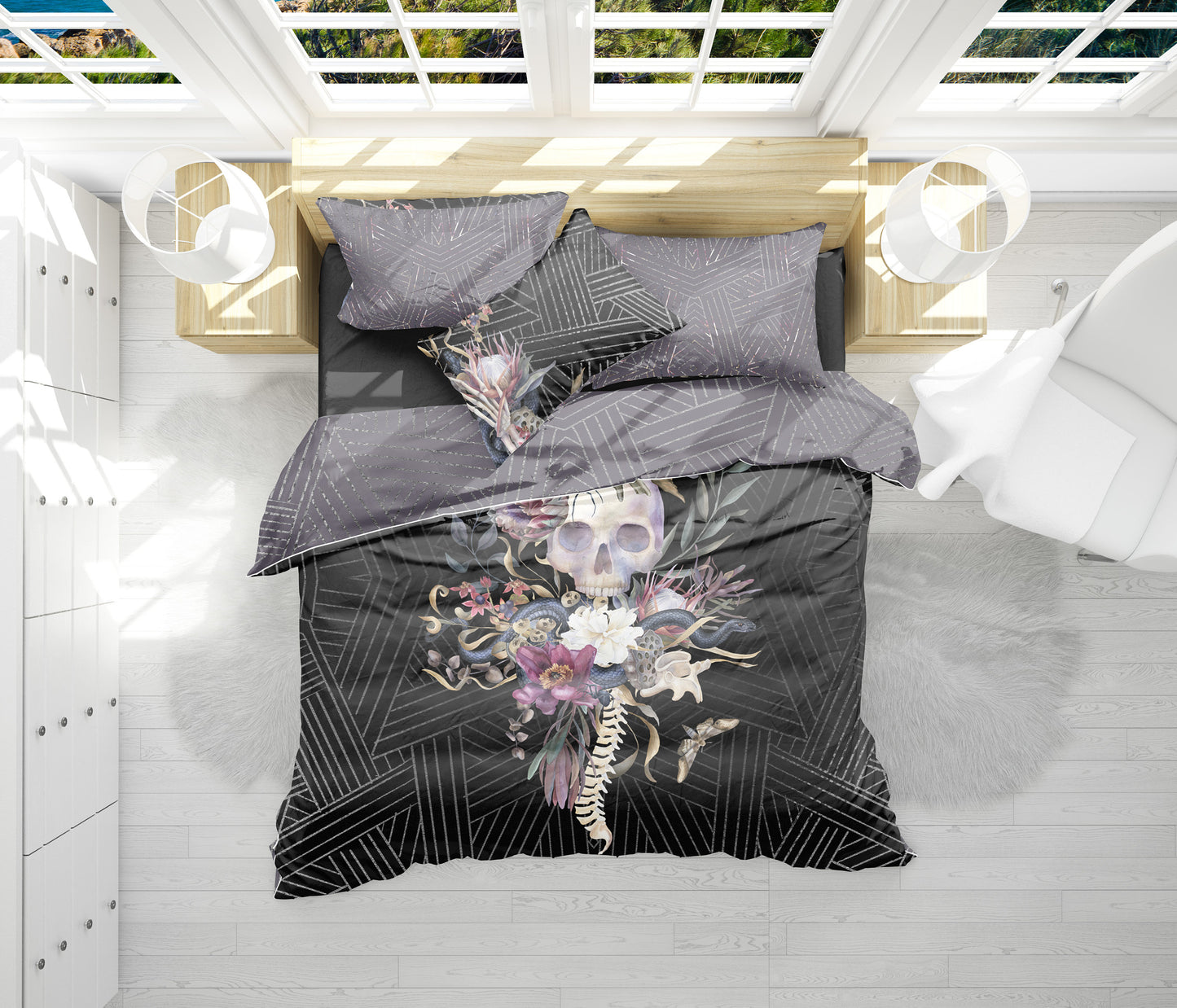 Romantic Skull Gothic design Bedding Set • Personalised • Reversible design • Duvet Cover Set With Pillowcases • Full Queen King