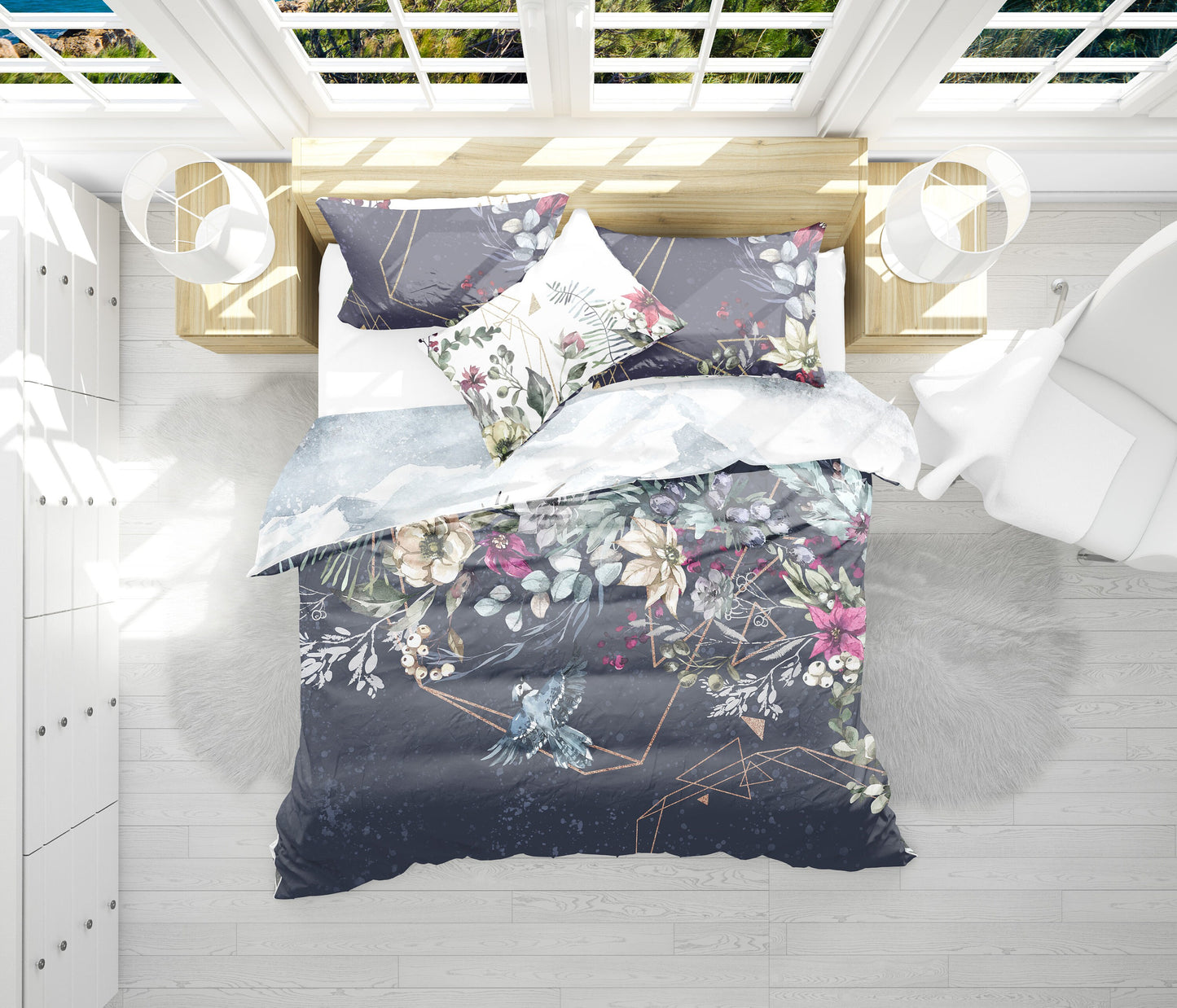 Juego de cama de 3 piezas con diseño de flores de ciervos de invierno navideño • Diseño impreso a 2 caras • Navidad • Año nuevo • Niños • Reina • Rey