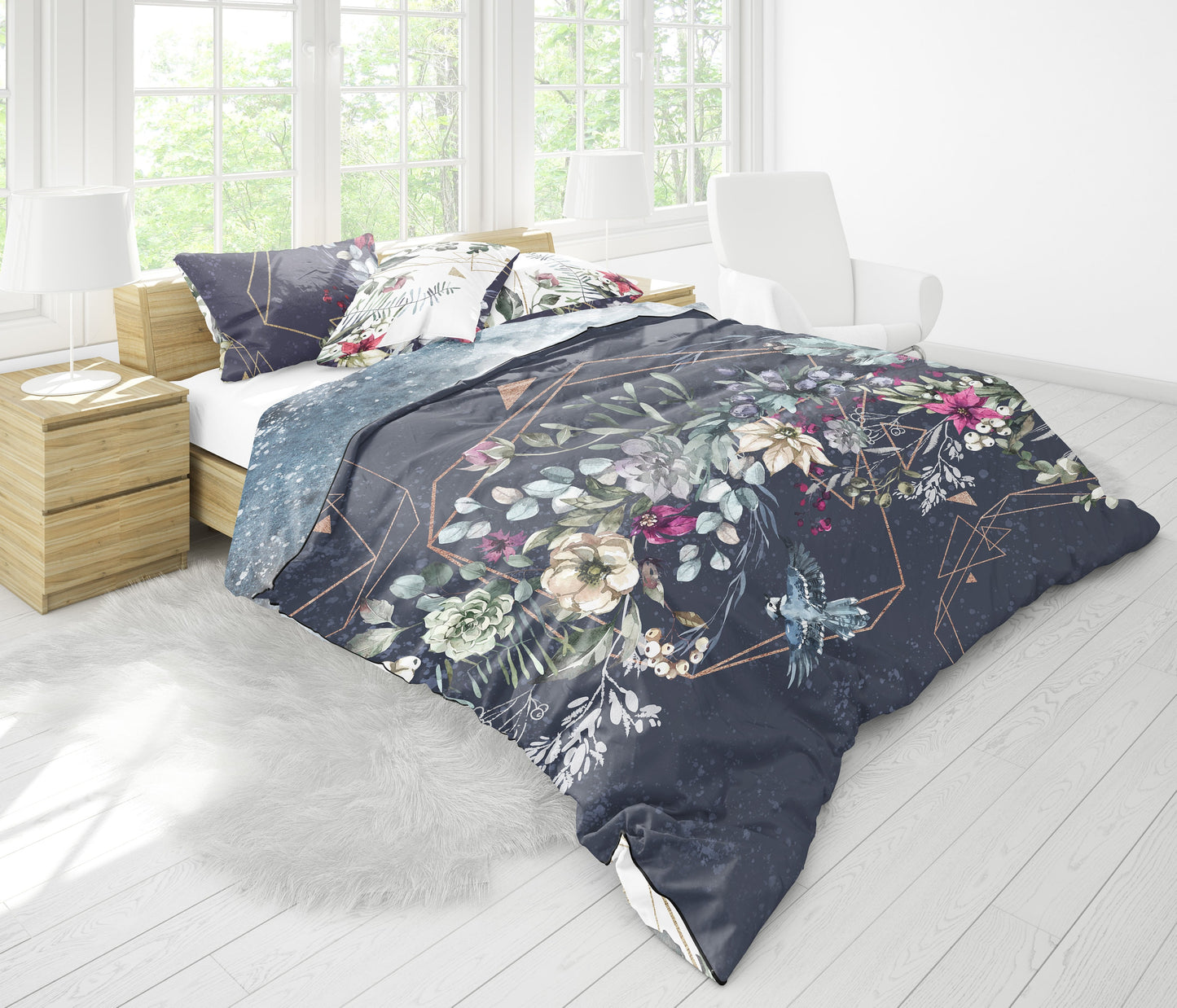 Juego de cama de 3 piezas con diseño de flores de ciervos de invierno navideño • Diseño impreso a 2 caras • Navidad • Año nuevo • Niños • Reina • Rey