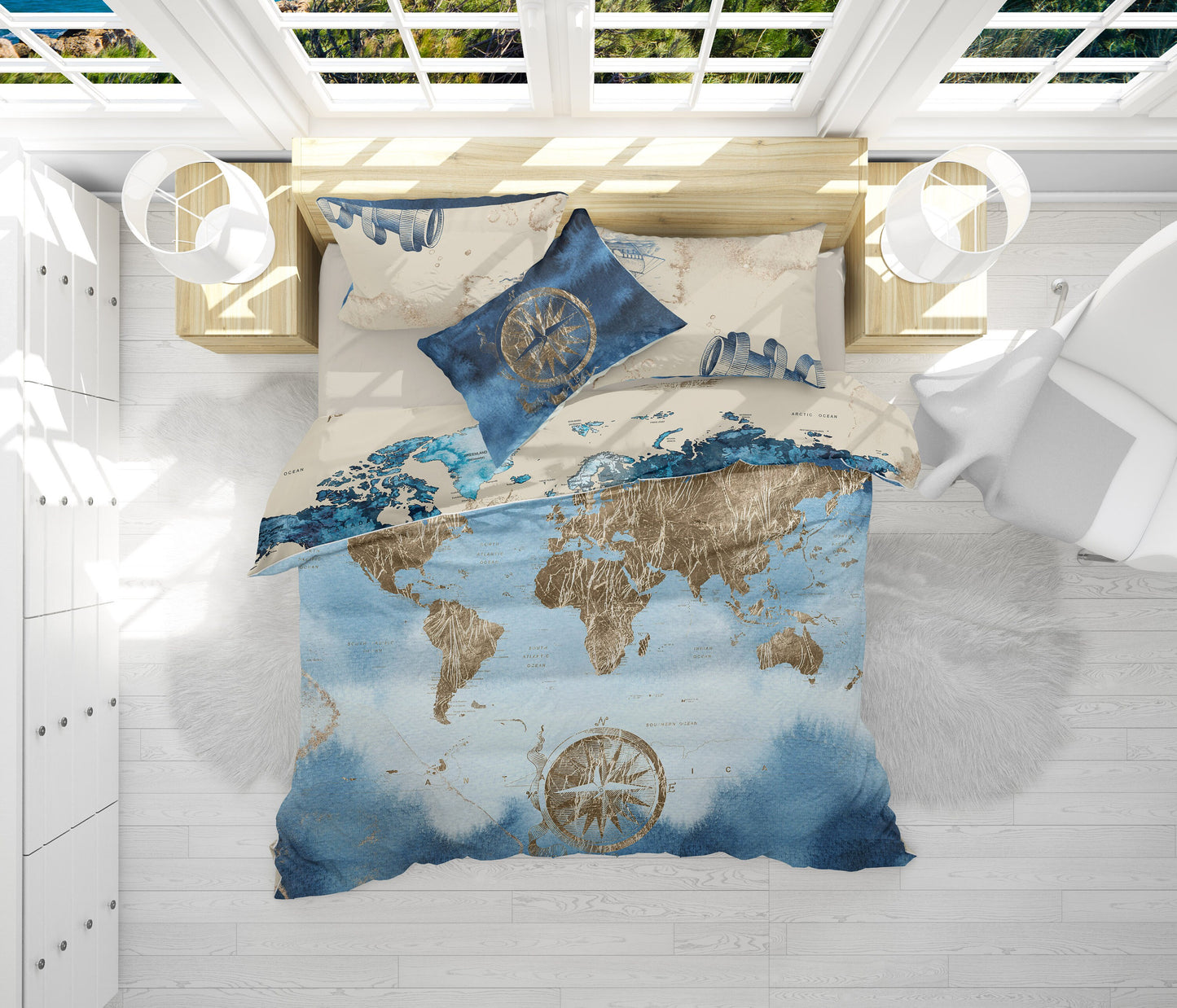 Vintage watercolour World map Bedding Set • Reversible design • 100% Cotton • watercolour • duvet cover • king • queen • bedroom • gift