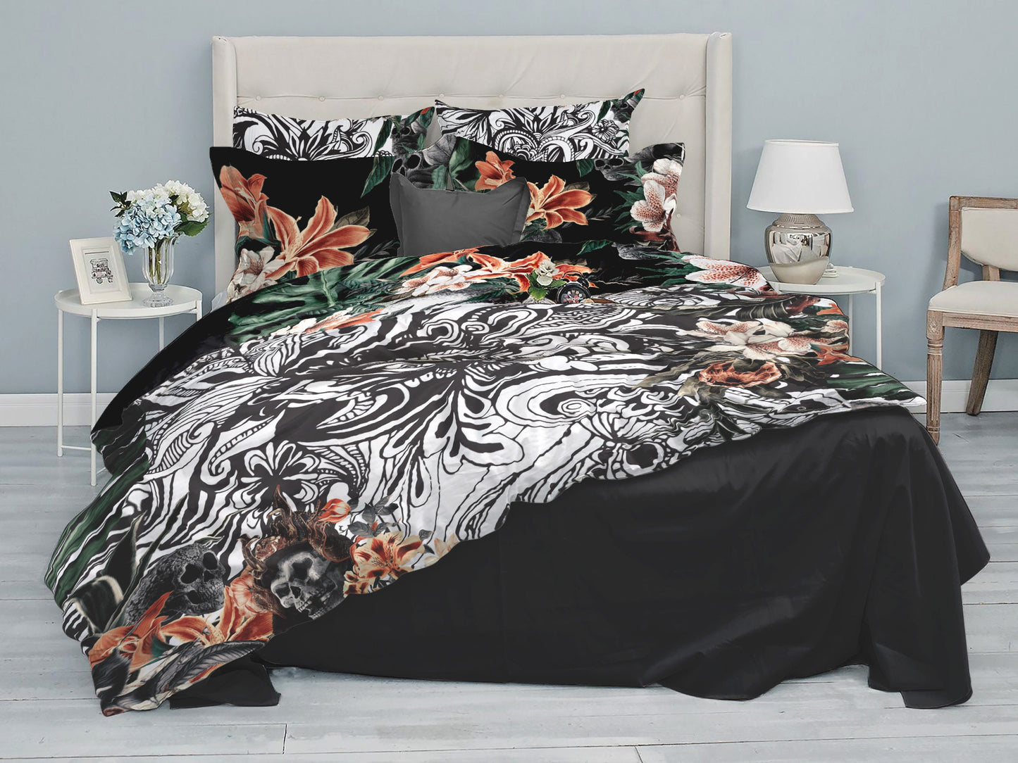 Juego de cama con diseño gótico de calavera romántica • Diseño impreso a 2 caras • Personalizado • Juego de funda nórdica con fundas de almohada • Full Queen King