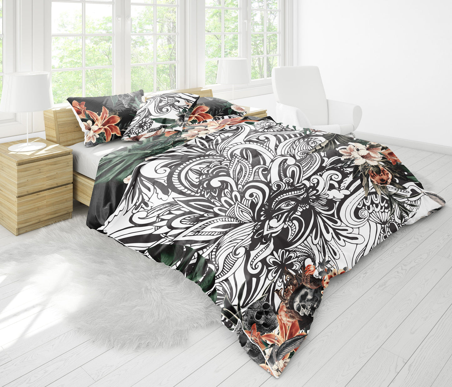Juego de cama con diseño gótico de calavera romántica • Diseño impreso a 2 caras • Personalizado • Juego de funda nórdica con fundas de almohada • Full Queen King
