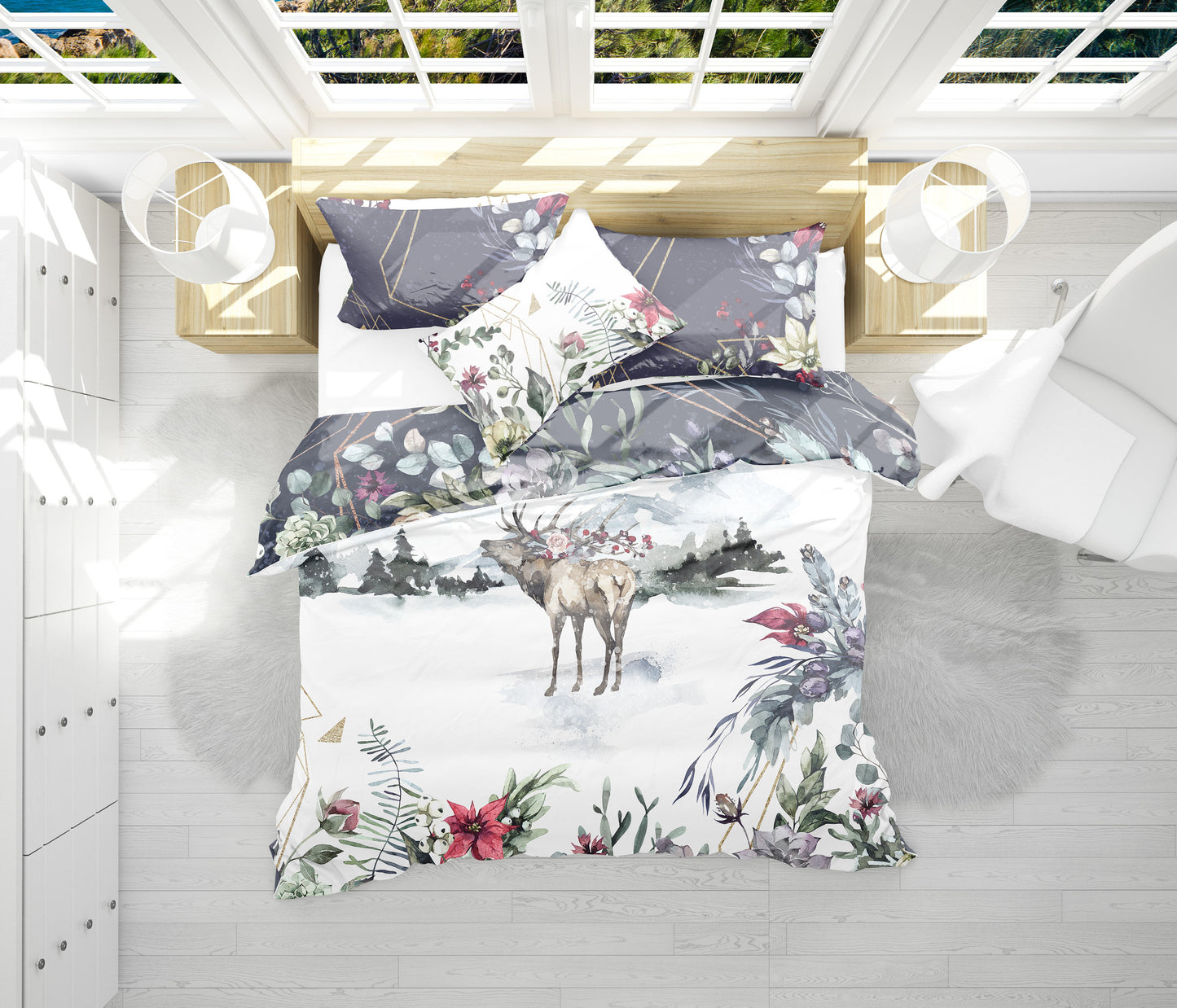 Juego de cama de 3 piezas con diseño de flores de ciervos de invierno navideño • Diseño impreso a 2 caras • Navidad • Año nuevo • Niños • Reina • Rey