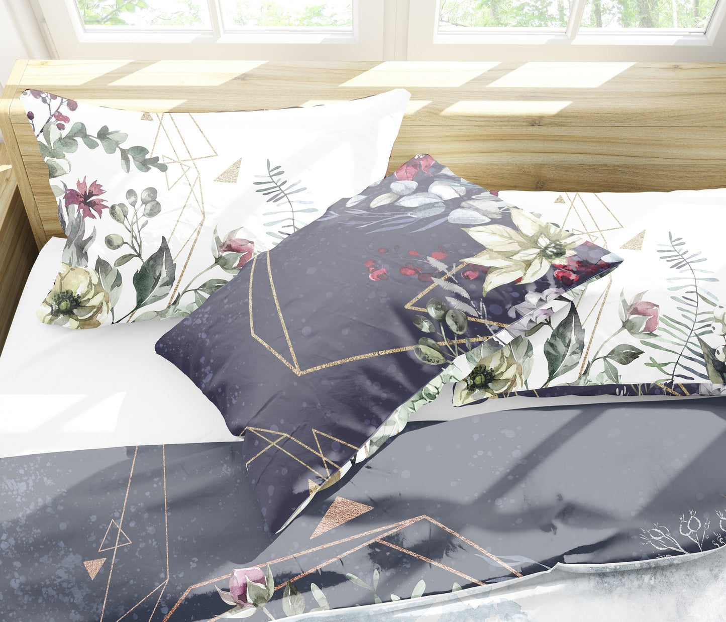 Juego de cama de 3 piezas con diseño de flores de ciervos de invierno navideño • Diseño impreso a 2 caras • Navidad • Año nuevo • Niños • Reina • Rey
