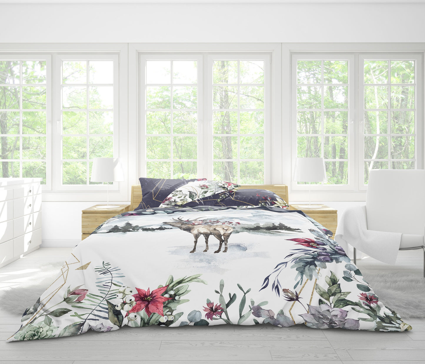 Juego de cama de 3 piezas con diseño de flores de ciervos de invierno navideño • Diseño impreso a 2 caras • Navidad • Año nuevo • Niños • Reina • Rey