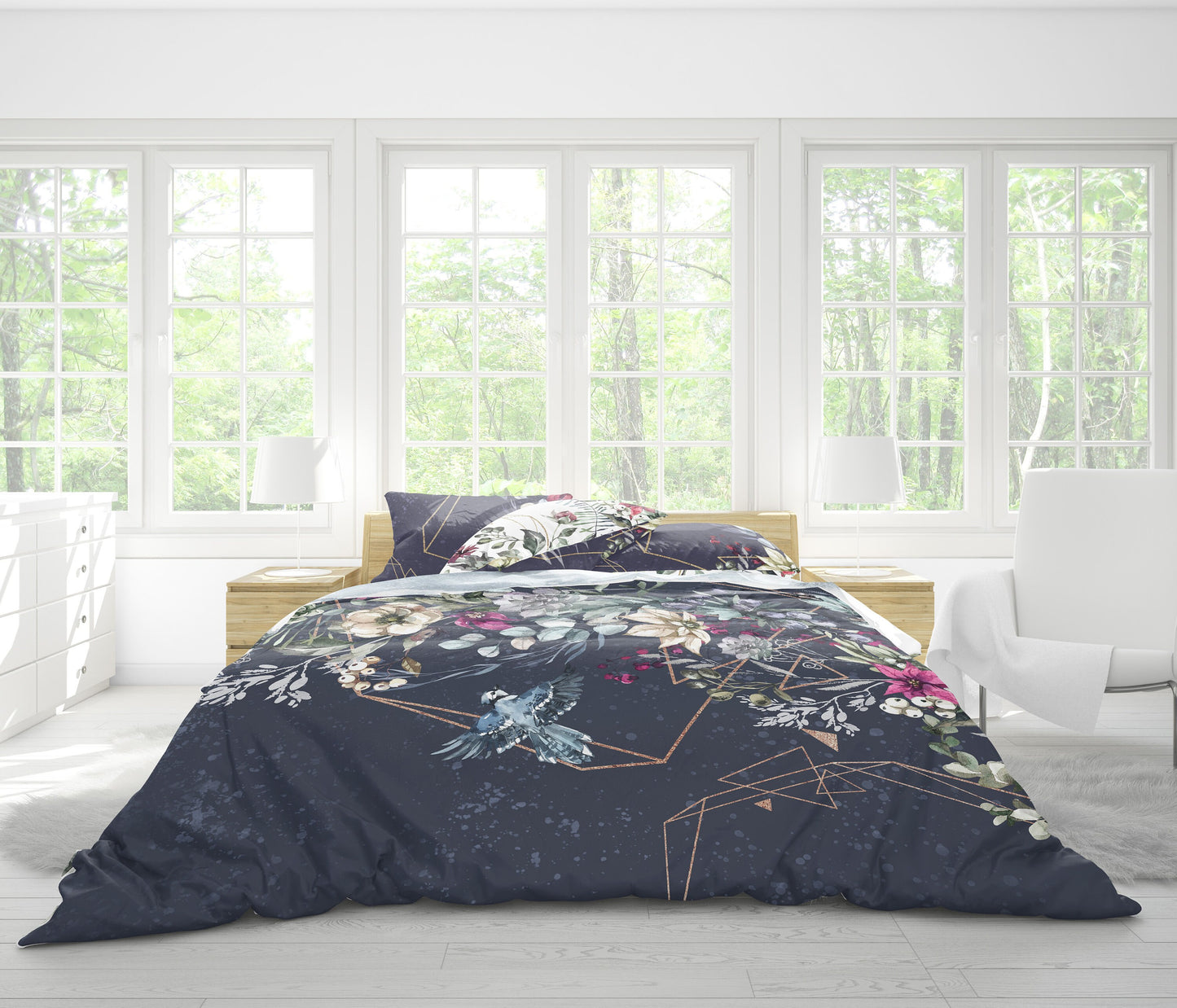Juego de cama de 3 piezas con diseño de flores de ciervos de invierno navideño • Diseño impreso a 2 caras • Navidad • Año nuevo • Niños • Reina • Rey