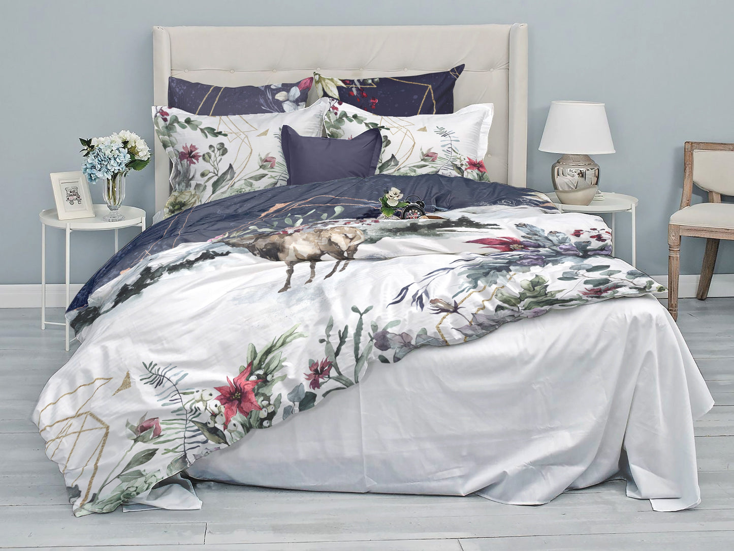 Juego de cama de 3 piezas con diseño de flores de ciervos de invierno navideño • Diseño impreso a 2 caras • Navidad • Año nuevo • Niños • Reina • Rey