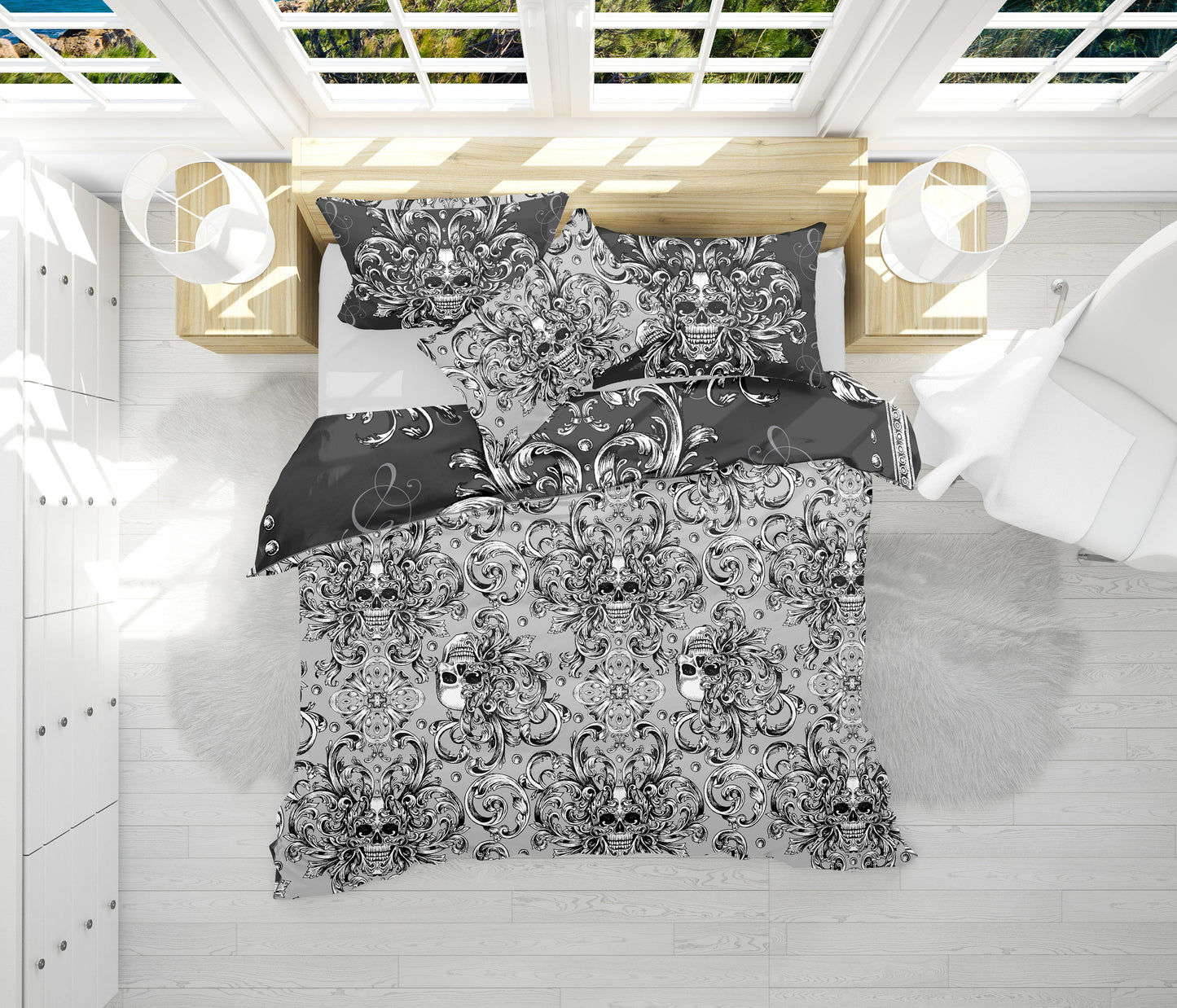 The Skull Gothic original barroco style reversible design Bedding set • AU, EU, USA Queen, King size • 100% Cotton • Microfiber