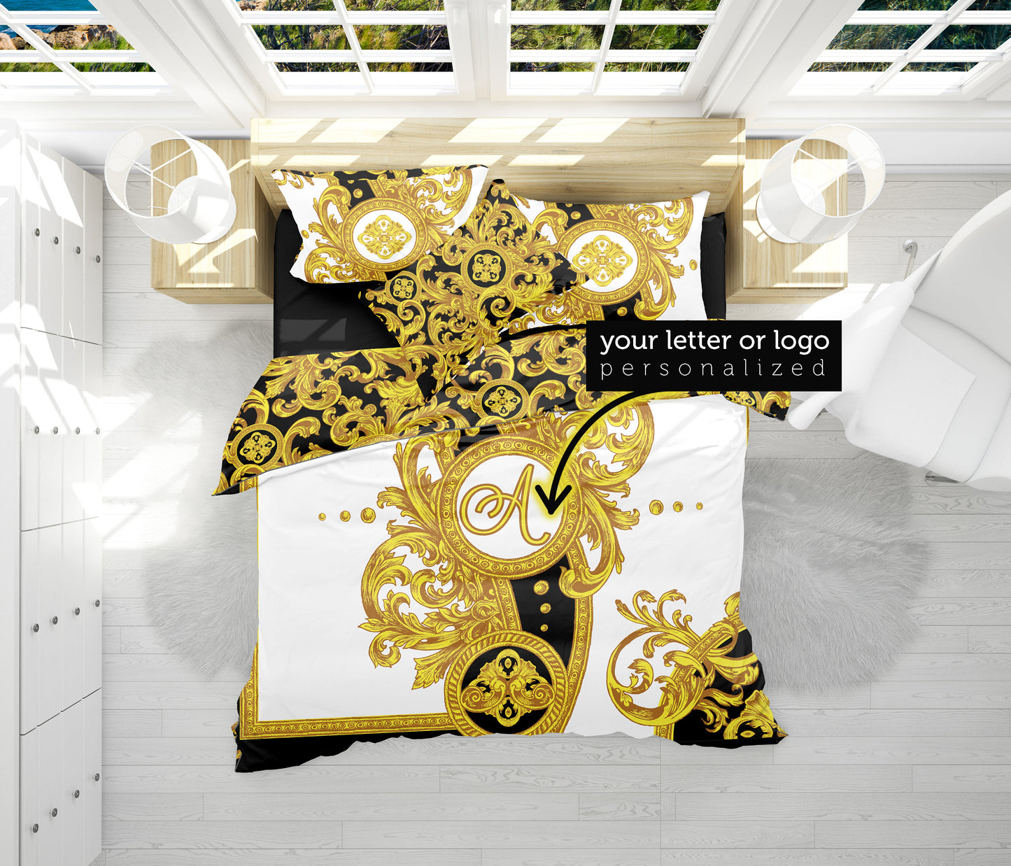Barroco Griego Oro Blanco Diseño personalizado Funda nórdica Funda nórdica Juego de cama • Diseño reversible • Algodón • microfibra • QUEEN, KING