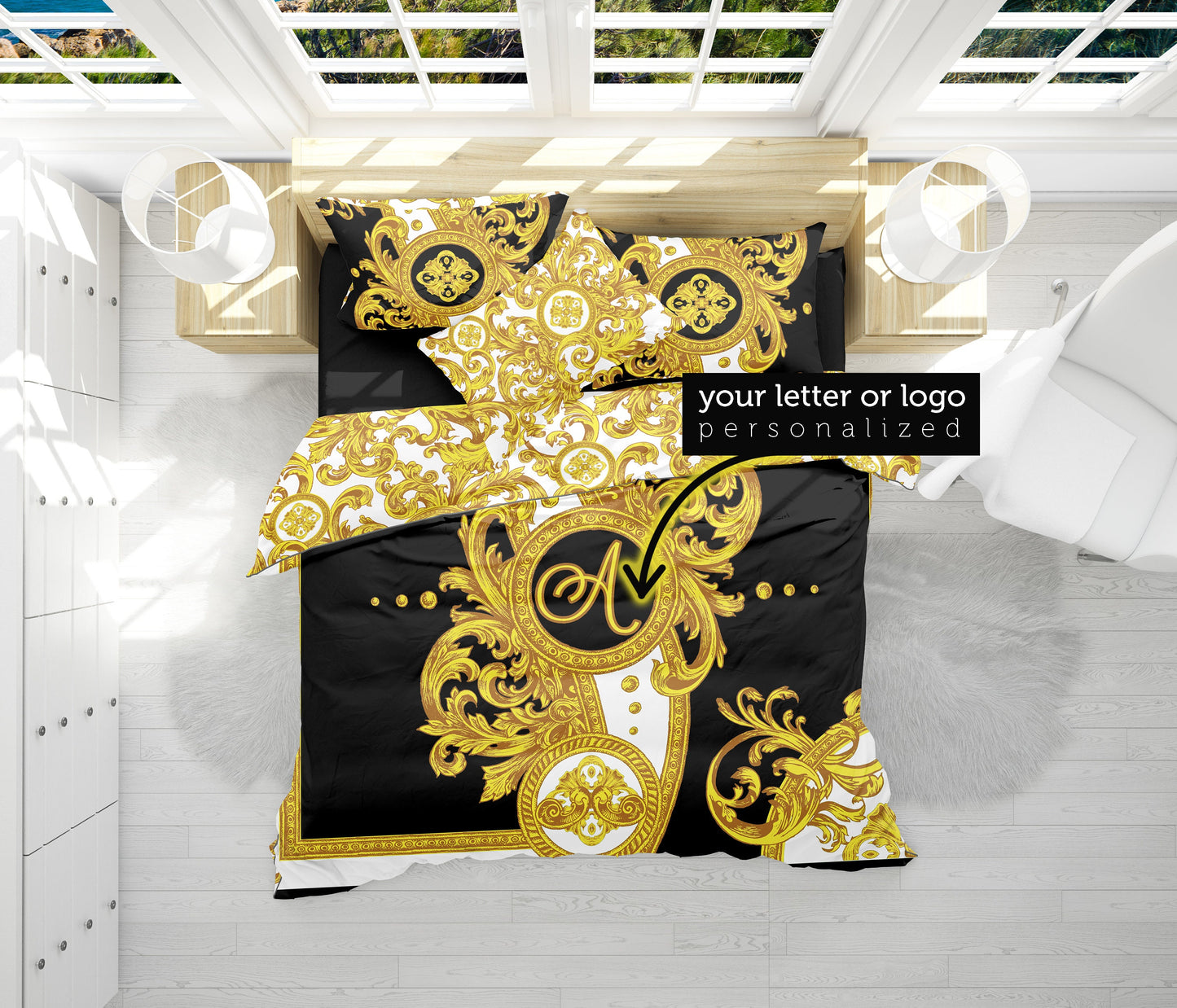 Barroco Amarillo Blanco Diseño romántico personalizado Juego de cama de 3 piezas • Diseño reversible • Algodón • microfibra • AU, UE, EE. UU., reina, rey
