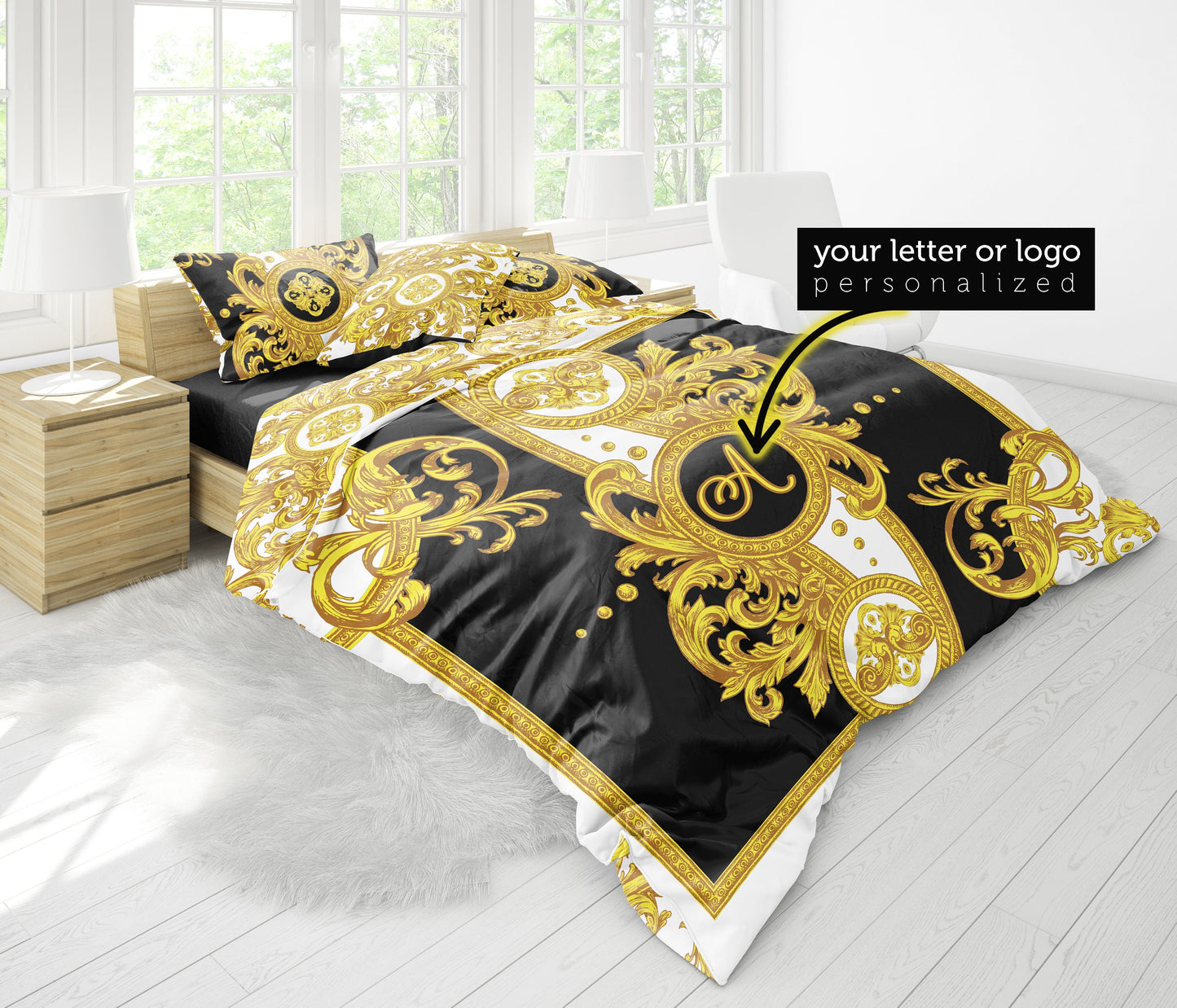 Barroco Amarillo Blanco Diseño romántico personalizado Juego de cama de 3 piezas • Diseño reversible • Algodón • microfibra • AU, UE, EE. UU., reina, rey