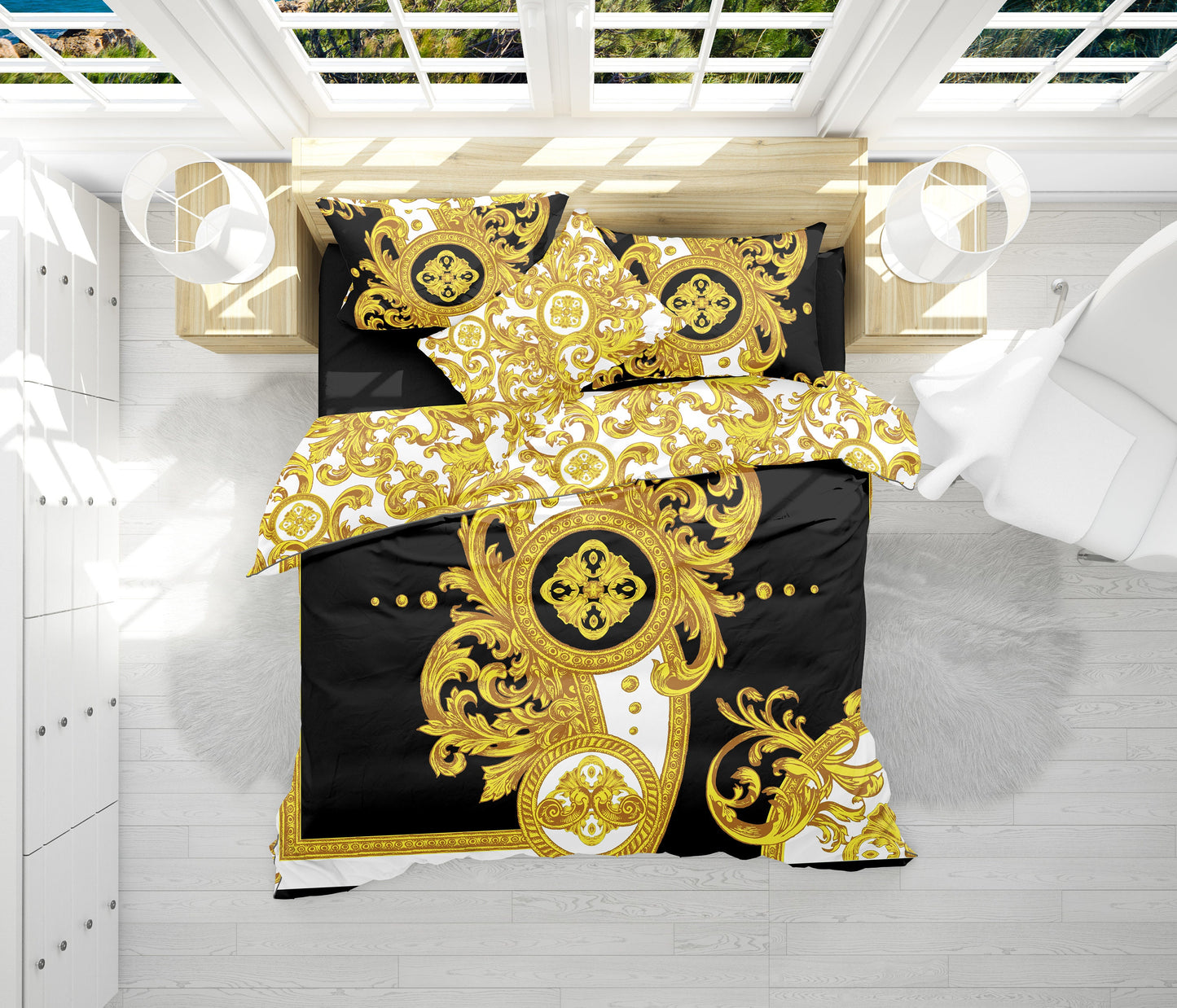 Barroco Amarillo Blanco Diseño romántico personalizado Juego de cama de 3 piezas • Diseño reversible • Algodón • microfibra • AU, UE, EE. UU., reina, rey