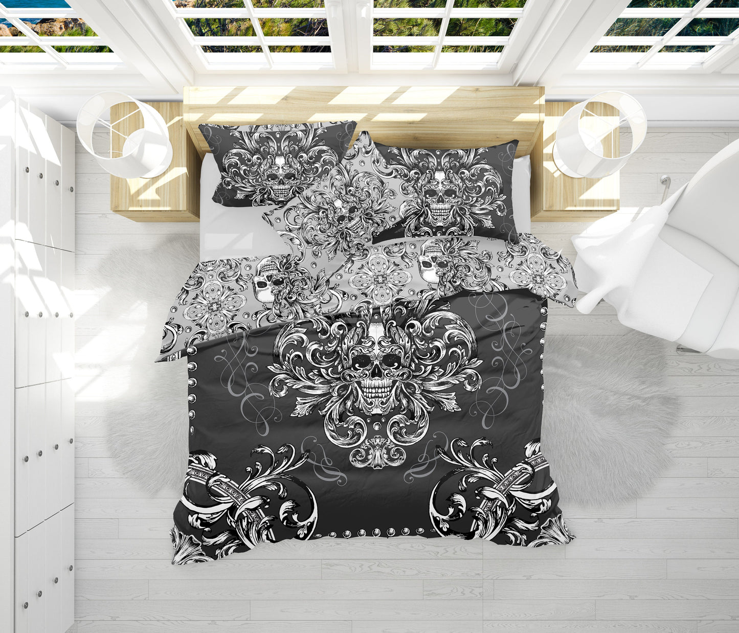 The Skull Gothic original barroco style reversible design Bedding set • AU, EU, USA Queen, King size • 100% Cotton • Microfiber