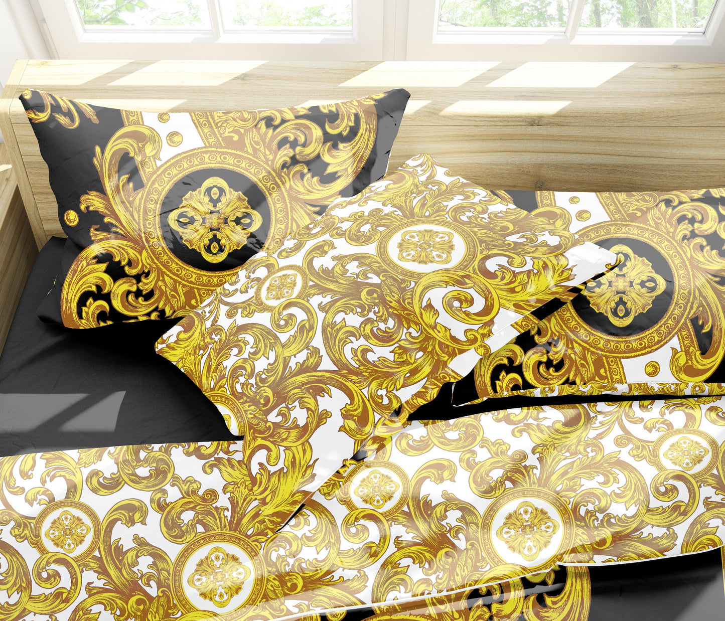 Barroco Amarillo Blanco Diseño romántico personalizado Juego de cama de 3 piezas • Diseño reversible • Algodón • microfibra • AU, UE, EE. UU., reina, rey
